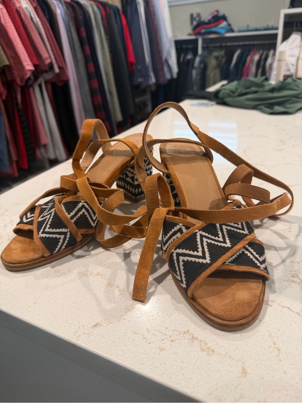 Bettye Muller Tan Suede Ankle-Tie Sandals with Black & White Zigzag